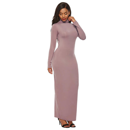 S-5XL Plus Size Party Solid Color Women Long Sleeve Turtleneck Bodycon Maxi Dress Autumn Winter Slim Sexy Dresses Apricot/Black/