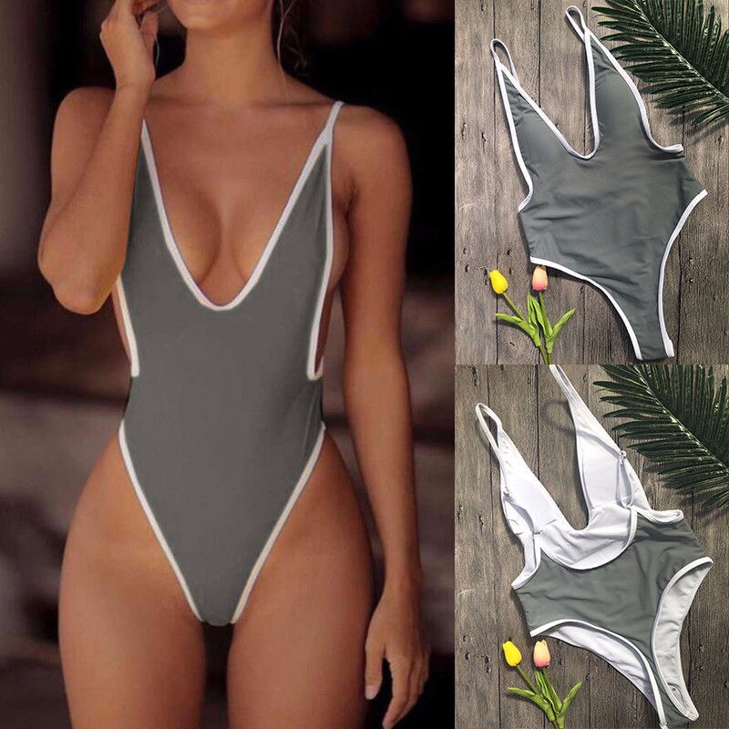 Sexy Black High Cut One Piece Swimsuit Solid Swimwear