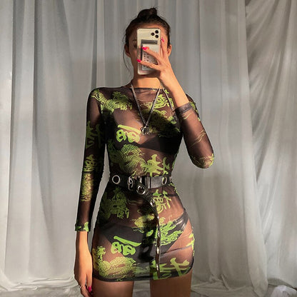 Woman Sexy See-through Mesh Fabric Streetwear Fashion Character Print Slim Mini Dress Spring Long Sleeve Bar Club Outfit Mujer