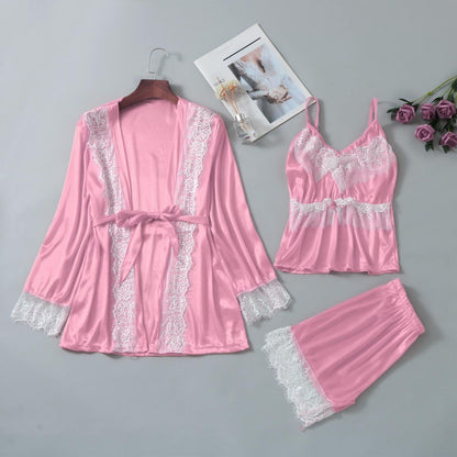 3 Pieces Women Pajamas Sets Faux Silk Pajamas Sleepwear Sets Embroidery Lace Bath Gown Wedding Night Dress Robe With Belt #T2G