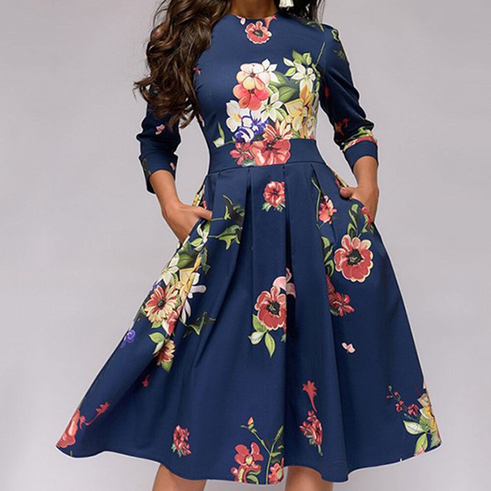 Fashion Women Dress Elegant Fashion Floral Print 3/4 Sleeve Round Neck A-line Slim Fit Ruched Prom Evening Party Dress Plus Size