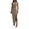 Summer Solid Slim Two Pieces Set Women Casual Knitting Sleeveless O Neck Tank Top And High Waist Split Long Skirt Sets