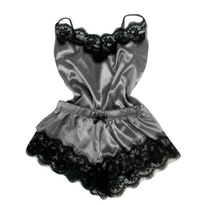 40^V-Neck Pyjamas Sleeveless Cute Cami Top and Shorts for women  fishion Women's Sleepwear Sexy Satin Pajama Set Black Lace