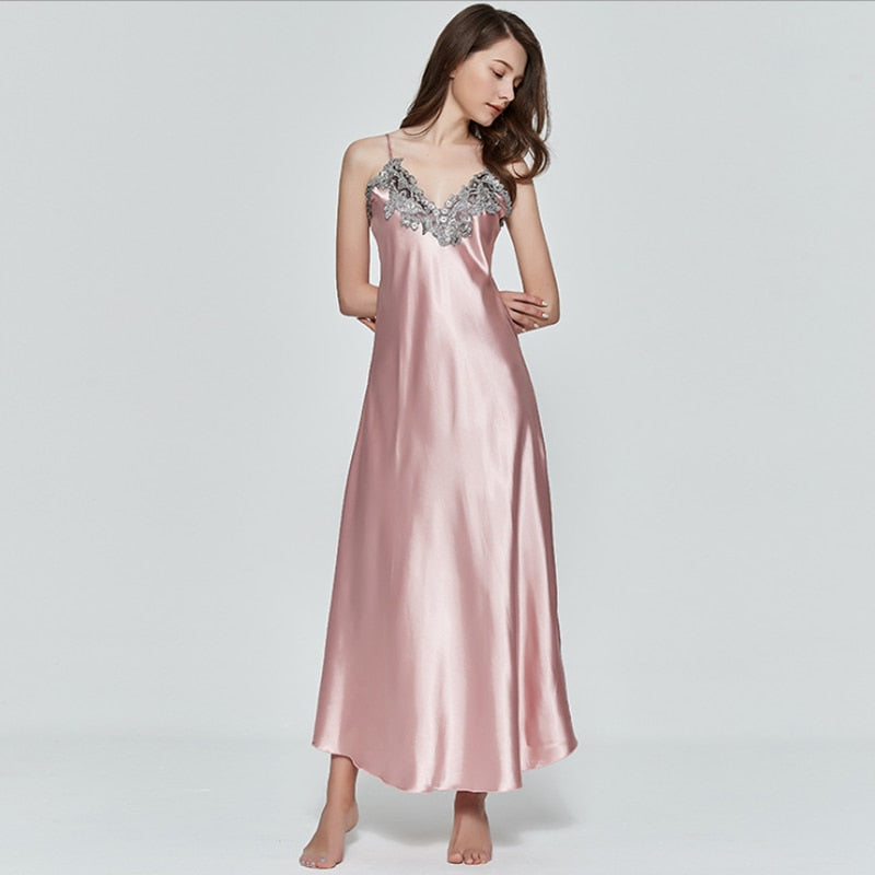 Hot Sale High Quality Women Satin Silk Lace V-neck Spaghetti Strap Night Dress Nightdress Sleepwear Ladies Long Nightgown