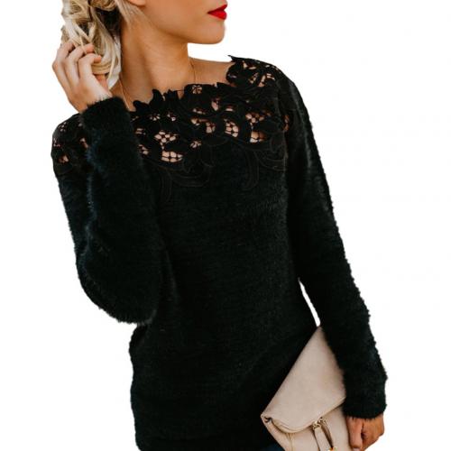 Floral Lace Long Sleeve Sweater Solid Color