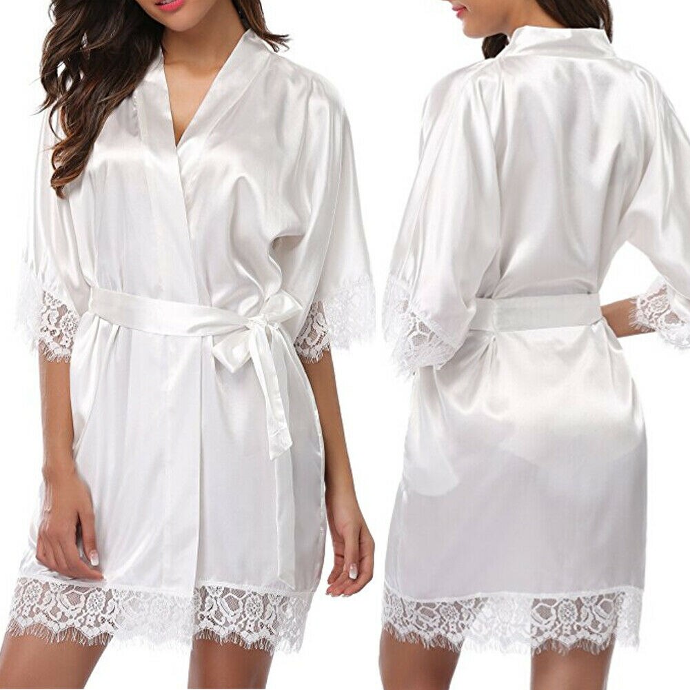 Satin Lace Sexy Sleepwear Lingerie Night Mini Solid Dress V Neck Nightgown Gown