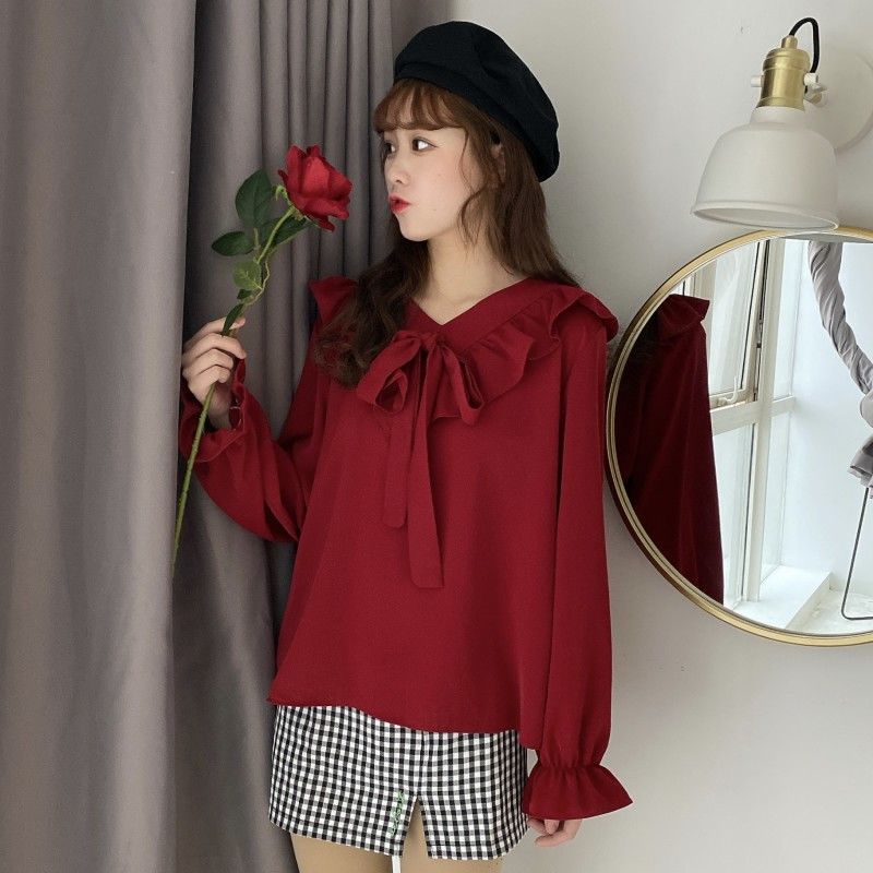 Shirts Womens Retro V-Neck Elegant Bow Knot Flare Sleeve Kawaii Solid Blouses 2020 New Autumn Korean Style Loose Leisure Daily