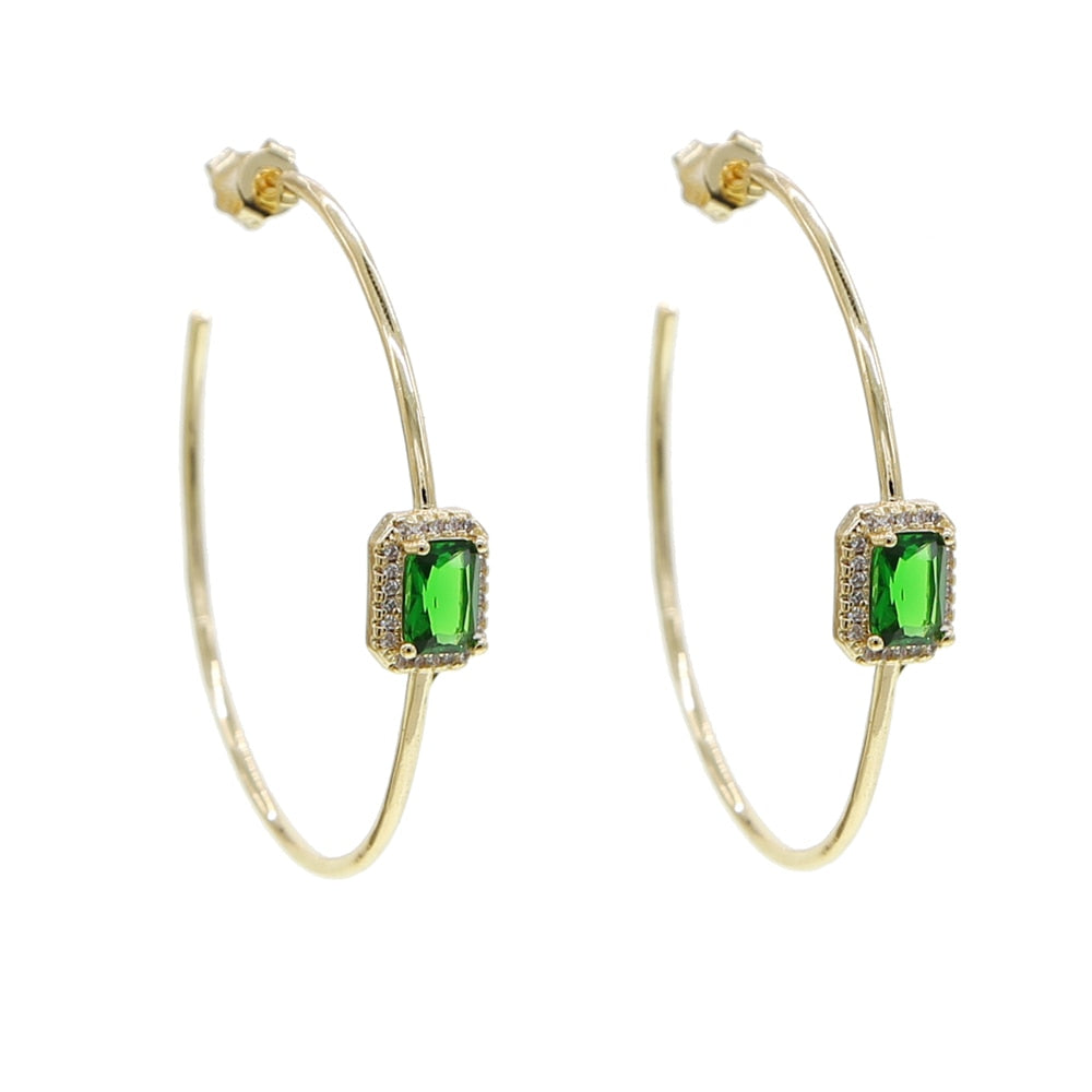 Gold color green baguette cz hoop earring