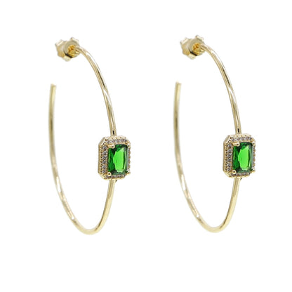 Gold color green baguette cz hoop earring