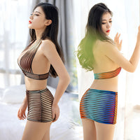 Two Piece Dress Sets For Women Summer Sexy Mini Tight Stripe Pencil Skirts And Backless Deep V Cut Halter Crop Tops Beach Outfit