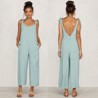 Summer Women Sleeveless Rompers Loose Jumpsuit O Neck Casual Backless Overalls Trousers Wide Leg Pants 4 Color S-XL
