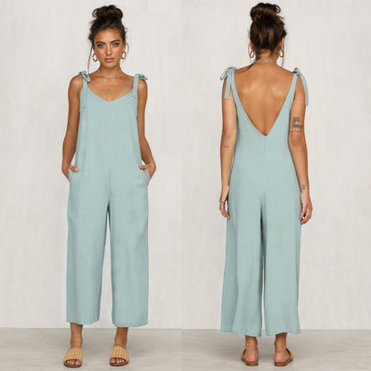 Summer Women Sleeveless Rompers Loose Jumpsuit O Neck Casual Backless Overalls Trousers Wide Leg Pants 4 Color S-XL