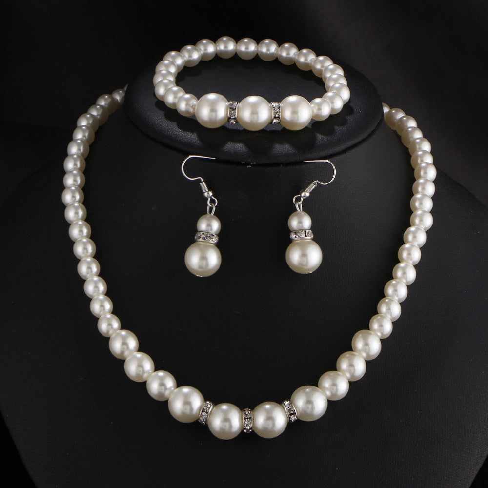 TREAZY Elegant Simulated-pearl Bridal Jewelry Sets Rhinestone Pearl Drop NECKLACE+EARRINGS Wedding Jewelry Sets for Women Gifts