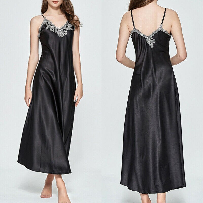 Ladies Womens Satin Long Nightdress Silk Lace Lingerie Nightgown Sleepwear Dress