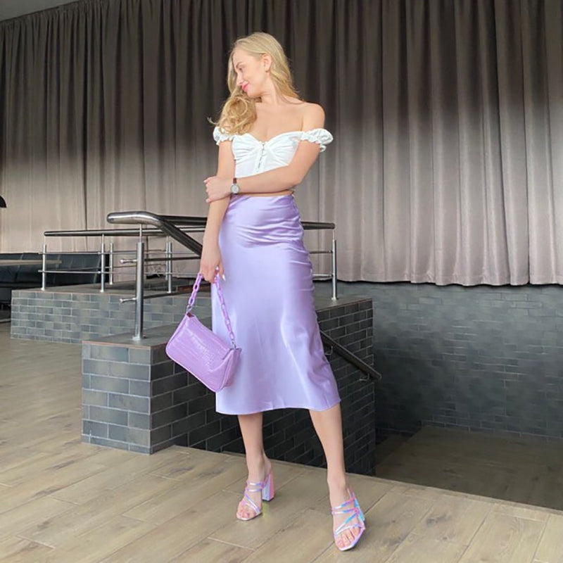 Solid Purple Satin Silk Skirt Women High Waisted Summer Long Skirt