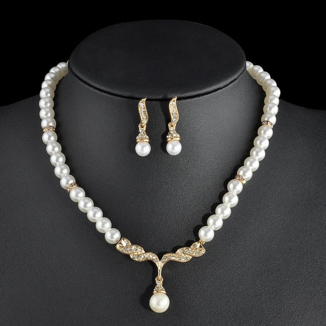 TREAZY Elegant Simulated-pearl Bridal Jewelry Sets Rhinestone Pearl Drop NECKLACE+EARRINGS Wedding Jewelry Sets for Women Gifts