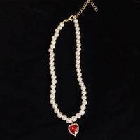 Kpop Vintage Red Crystal Love Pendant Pearl Choker Necklaces For Women