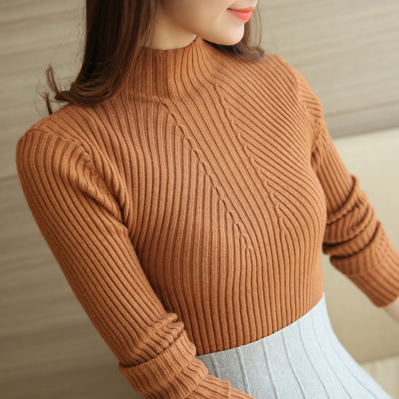 Turtleneck Pullovers Solid long sleeve white and black tops sweaters