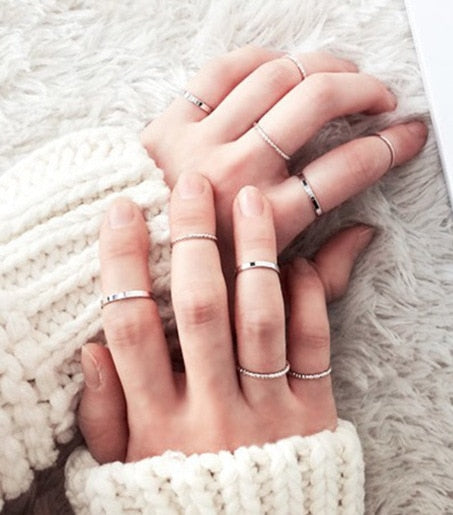 Boho Finger Jewelry Crown Geometric Rhinestone Leaf Women Ring Sets Hollow Stacking Finger Rings Vintage Silver Color