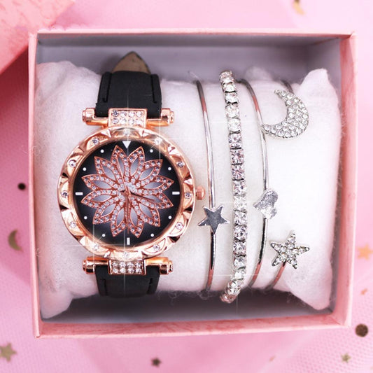 Ladies Watch Bracelet Set With Box Leather Strap Quartz Wristwatch Diamond Watches