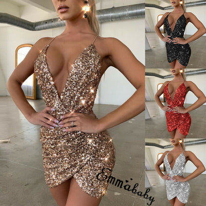 Women's Spaghetti Strap Deep V Neck Sequins Glitter Short Dress