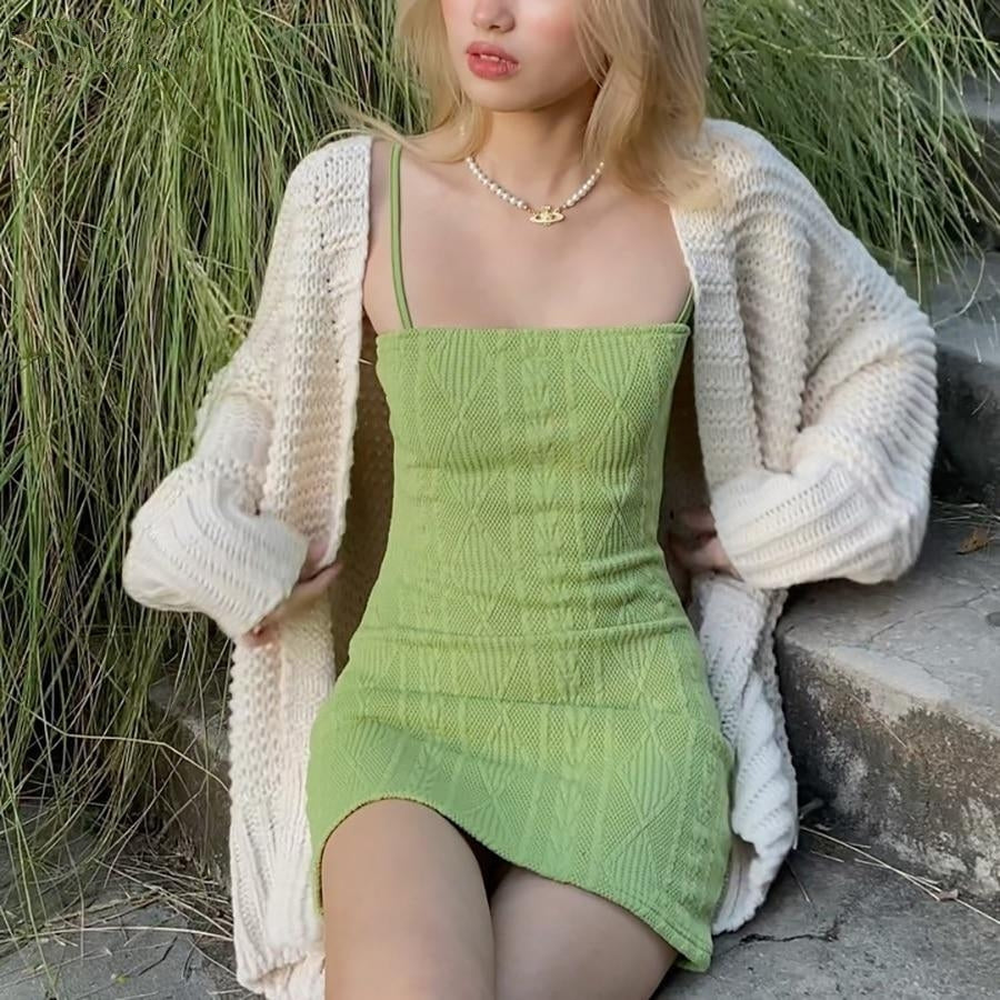 Women Fashion Elegant Streetwear Strap Mini Dress Summer 2021 New Solid Green Knit Stretch Slim Office Lady Dresses