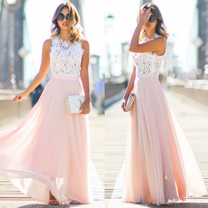 Women Dress Formal Party Cocktail Wedding  Bridesmaid Pink Sleeveless Dress Casual Lace Long Dress