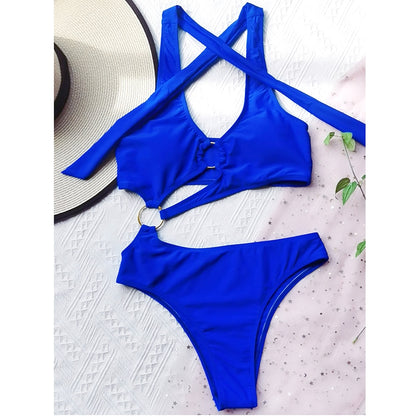 Sexy Hollow One Piece Swimsuit Bandage Push Up Swimwear Women Halter Bathing Suit High Waist Swim Wear