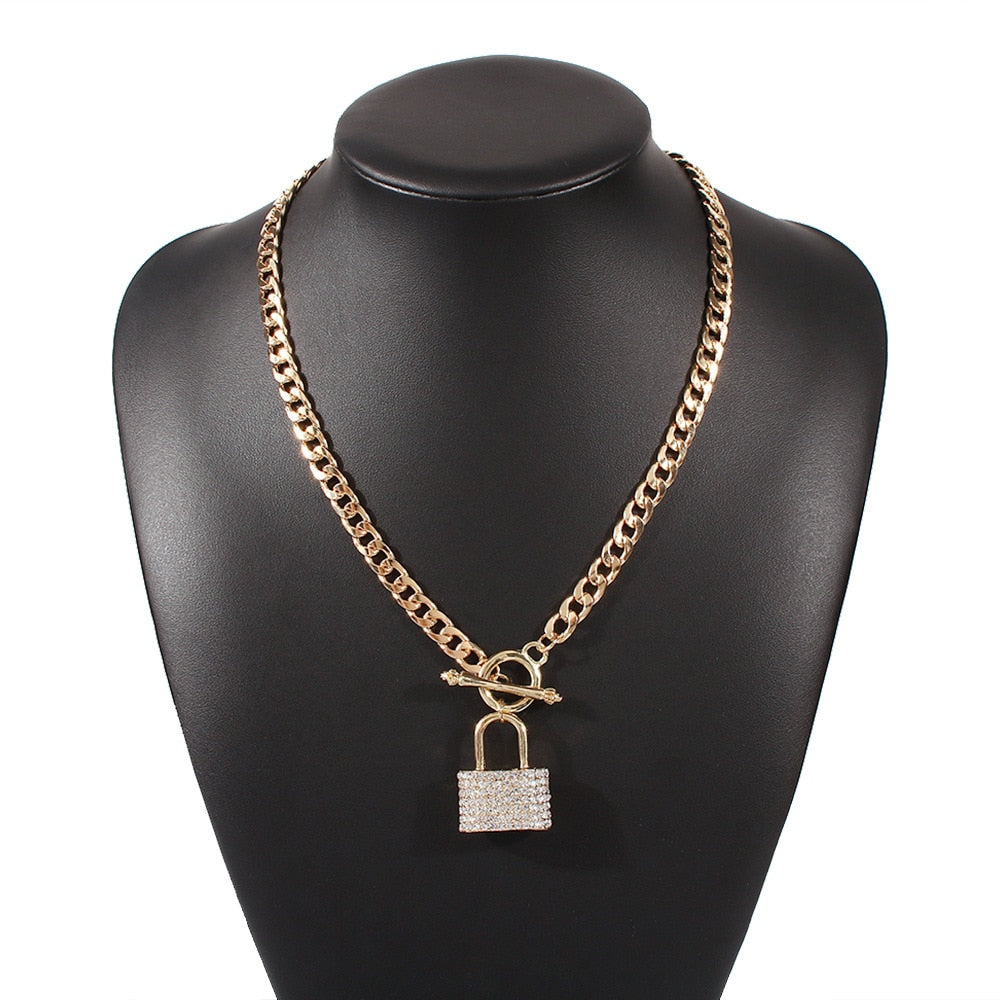Shiny Crystal Lock Pendant Necklace Jewelry For Women Men