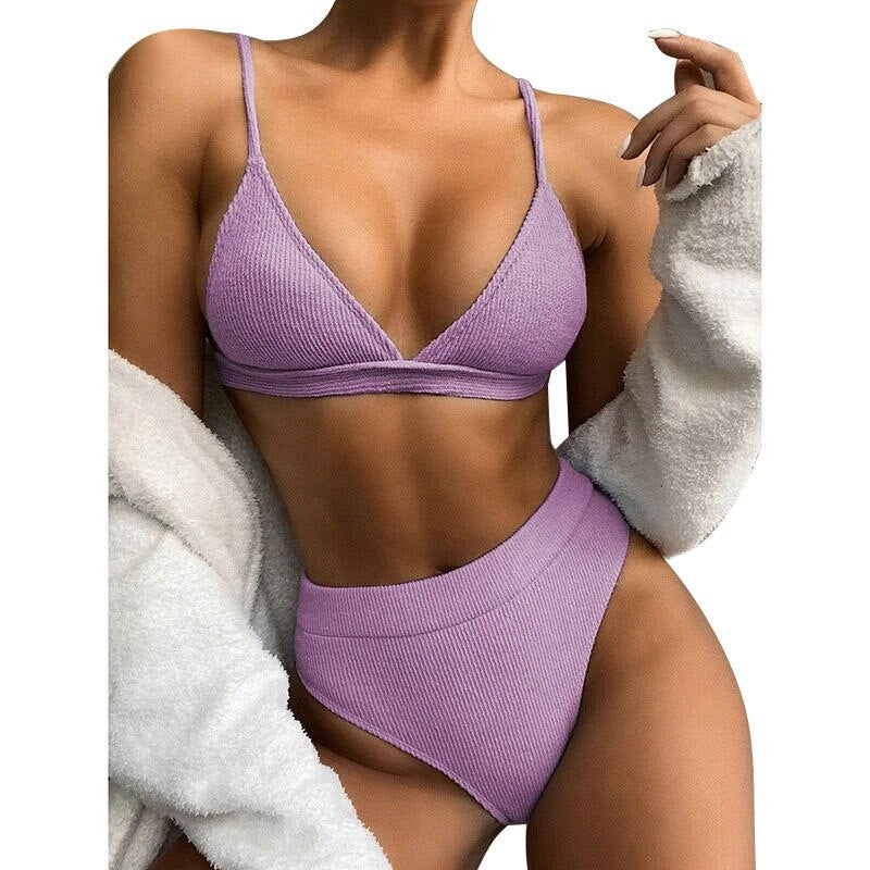 High Waist Bikinis Swimsuits Push Up Swimwear Women Strap Bathing Suit Women Solid Bikini Set