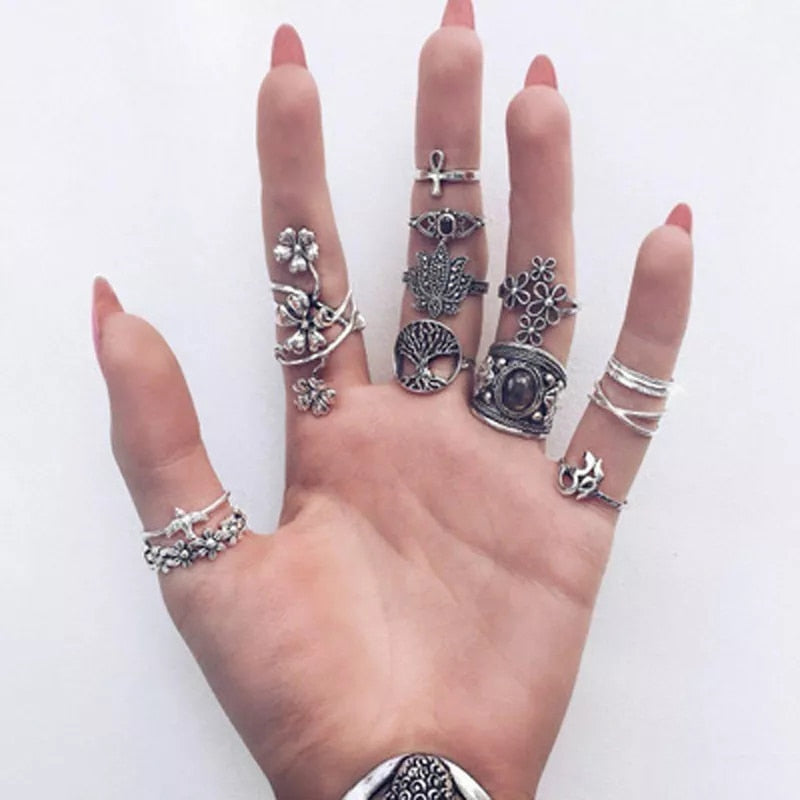 Boho Finger Jewelry Crown Geometric Rhinestone Leaf Women Ring Sets Hollow Stacking Finger Rings Vintage Silver Color