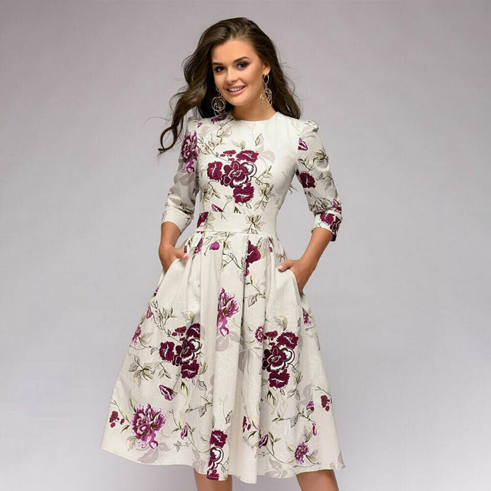 Vintage pleated tunic print dress women Elegant ladies A line dresses Long sleeve female autumn mixi party dress vestidos