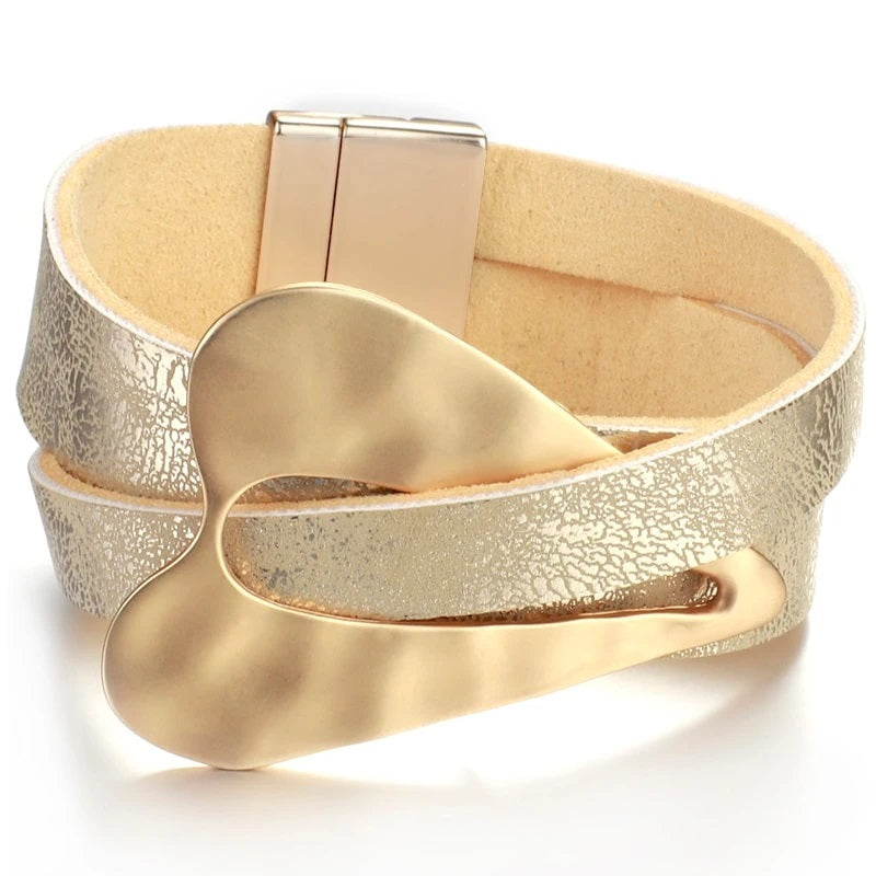 Champagne Gold Metal Heart Charm Leather Bracelets for Women