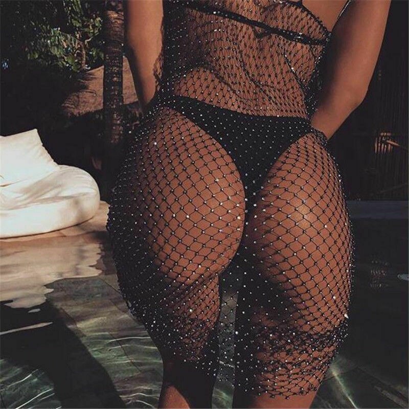 Hot Summer Women Ladies Bikini Crystal Cover-Ups Fishnet Mesh Cover Up Swimwear Beach Bathing Suit Mesh Hollow Out Dresses