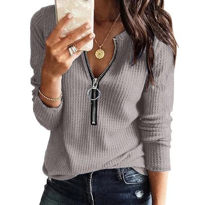 Solid V Neck Zipper Blouses