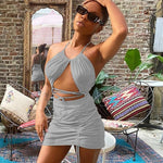 women halter bandage two piece outfits sleeveless backless crop tops+stacked skirt matching set sexy solid skinny clubwear