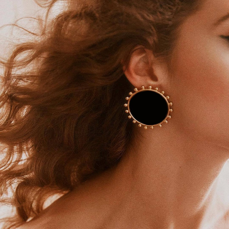 Vintage Black Round Stud Earrings for Women