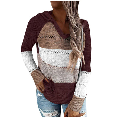 V-Neck Long Sleeves Hooded Sweater Blouse