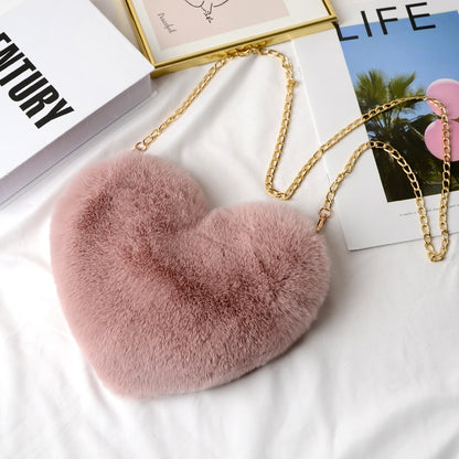 Faux plush heart-shaped shoulder bag