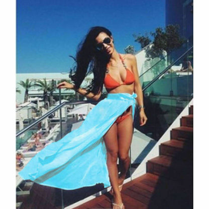 Beach Bikini Cover Ups Wrap Mesh Skirt Women Solid Lace Up Split Maxi Skirts Bathing Suit