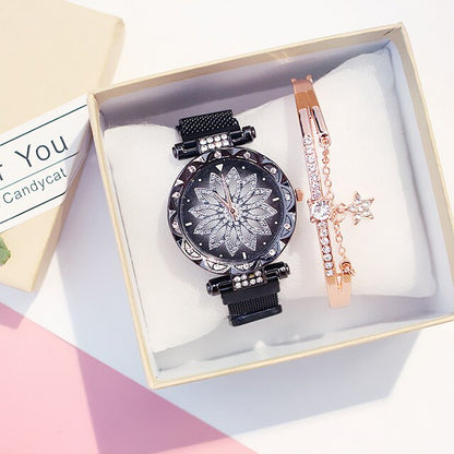 Rose Gold Flower Dial Clock Women Quartz Wrist Watches Box Set