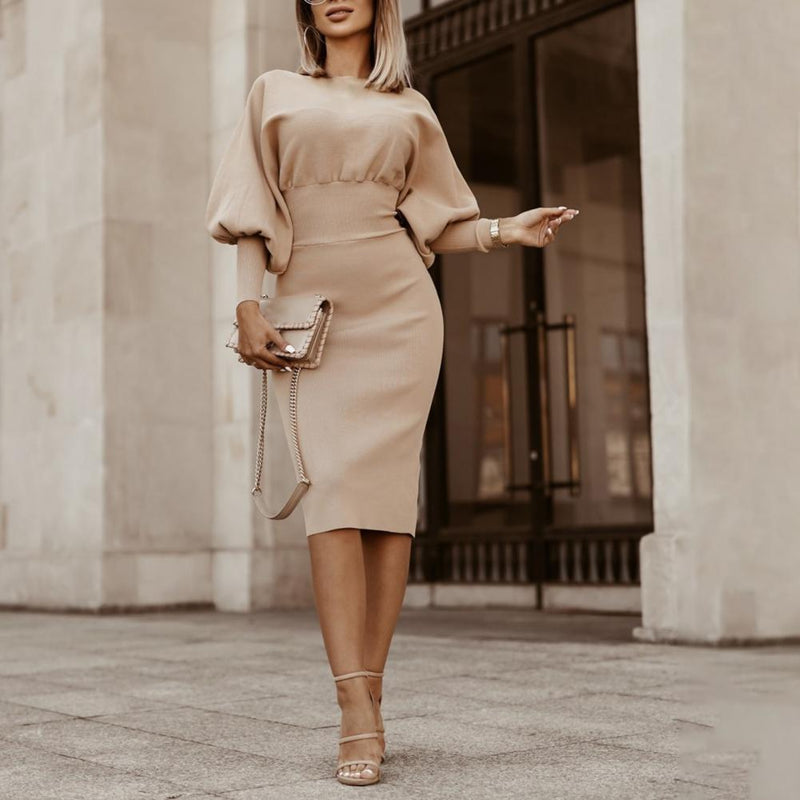 Lady Dress Puff Sleeve Slim-Fit Round Neck Knee Length Office Dress Plain Color Elegant Party Dress