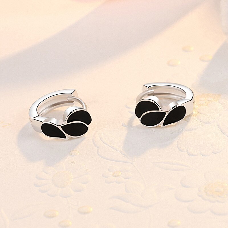 925 Sterling Silver Black Zircon Leaf Hoop Earring