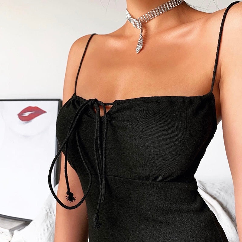 Black Cotton Front Bandage Sleeveless Spaghetti Strap Mini Dresses