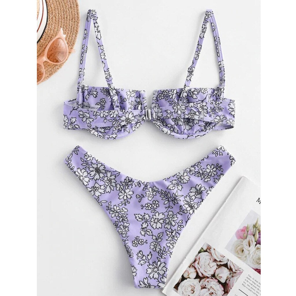Purple Floral Print Underwire Swimsuit Brazilian Summer Bathers Bathing Suit