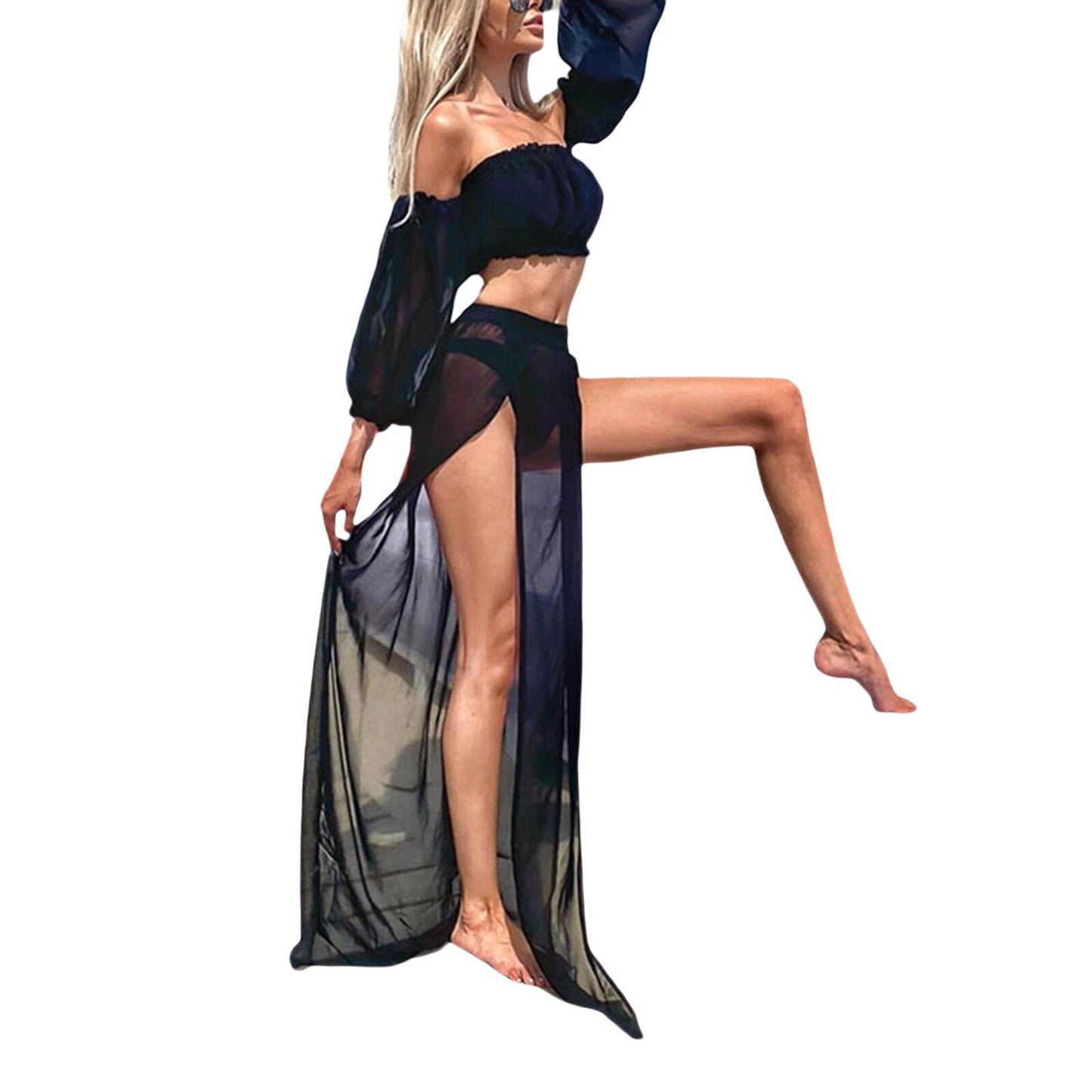 New Hot Sale Women&#39;s Clothing Set, Off Shoulder Long Sleeve Tops and Cover Up Skirt Two-piece Suit for Travelling Beach Vacation