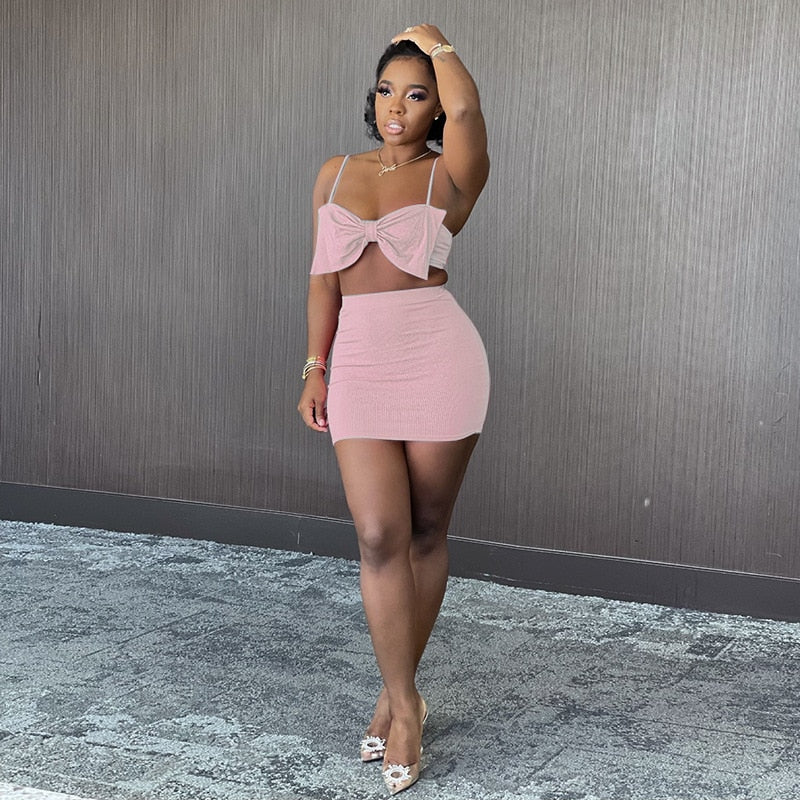 Pink Bow Two Piece Set Sexy Party Dress