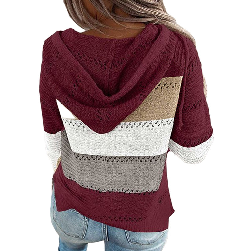 Hooded Long Sleeve Patchwork Cardigan Sweater