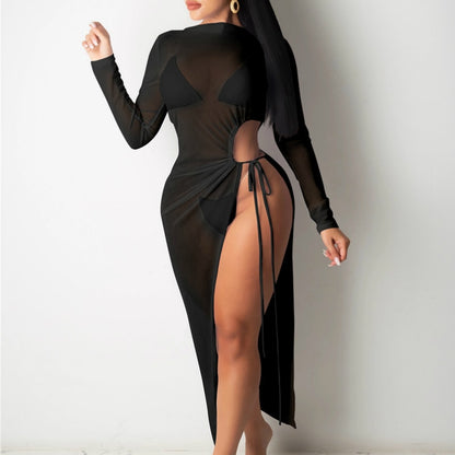 Summer Cover ups Women Female Solid color See-through Mesh Swimsuits Beach Swimwear Bathing Split Bandage Bikini Dress Cover up