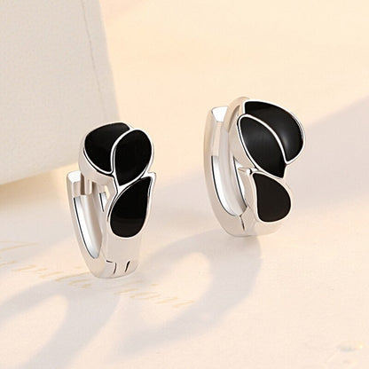 925 Sterling Silver Black Zircon Leaf Hoop Earring